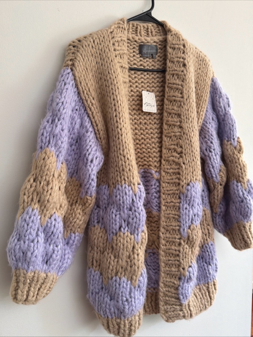 Anthropologie Beige and Lavender Chunky Knit Colorblock Cardigan - Picture 4 of 13